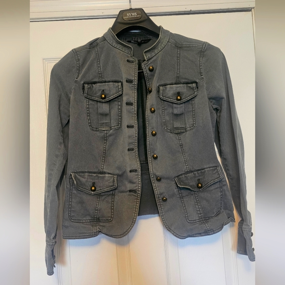 WHBM Army Green Crop Jacket with Brass Button Accents At Front And Wrists, Sz 10
